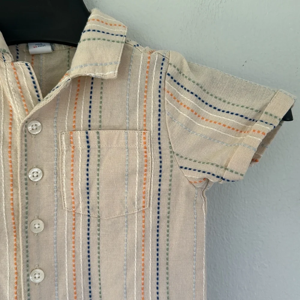 Old Navy peach embroidered texture striped Dobby pocket baby romper size 12-18M